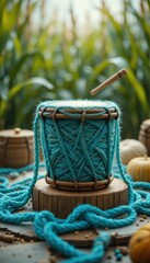 Teal Yarn Wrapped Drum in Rustic Outdoor Setting with Pumpkins