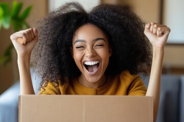 Happy Woman Unboxing Package Excited Surprise Gift Delivery Hair Curly Fists Joyful Yellow Indoor   