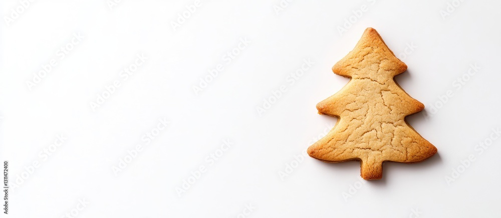 Poster golden-brown christmas tree cookie placed on a clean white background with a minimalist design showc