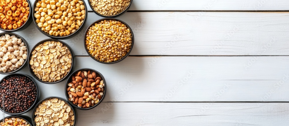 Aufkleber assorted healthy organic cereals in black bowls arranged on a white wooden background with ample cop