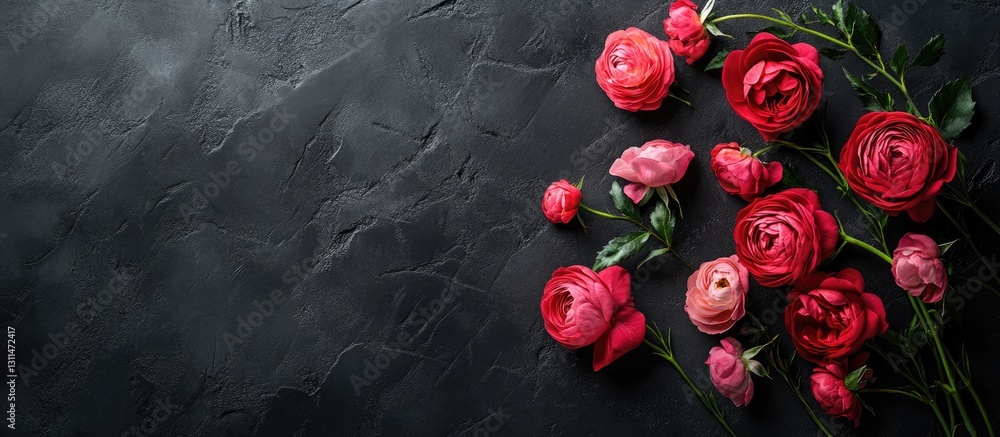 Poster vibrant pink and red ranunculus flowers arranged on a textured black concrete background with ample 