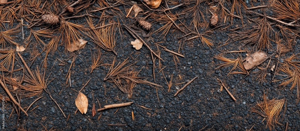 Poster dried pine needles and twigs scattered on dark asphalt surface with varying shades of brown and oran