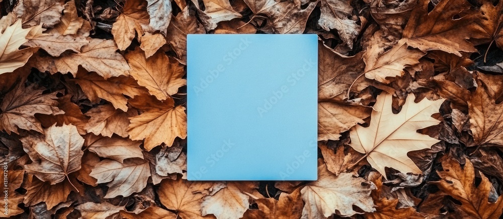 Aufkleber blue note paper centered on dry autumn leaves, warm browns and golds create rich texture, ample copy