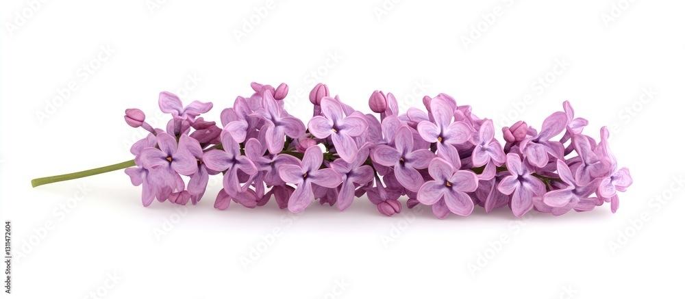 Poster gentle lilac flowers arranged horizontally on a clean white background with negative space for text 