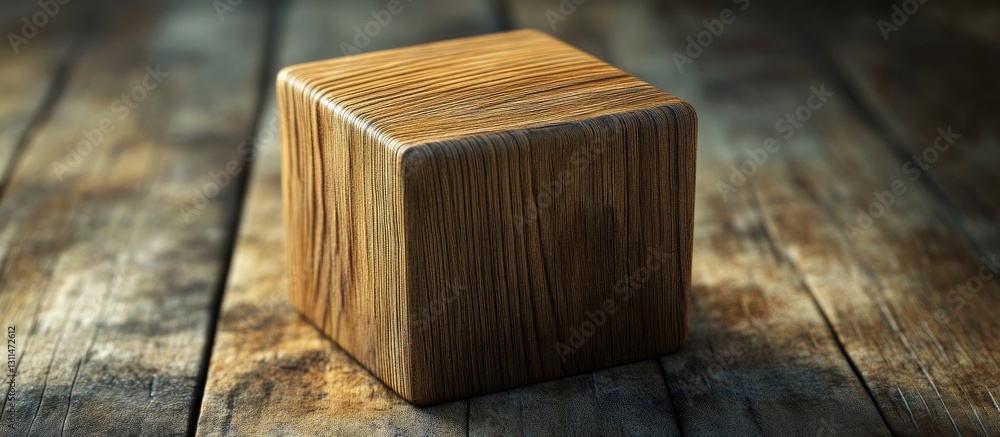 Poster wooden block on a weathered wooden surface with a soft focus background highlighting the textured gr