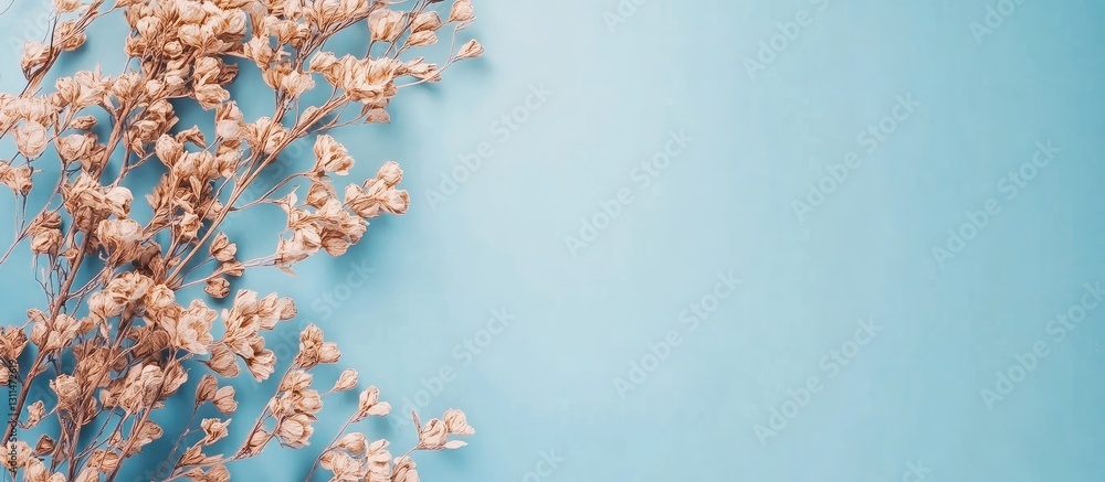 Fototapete dried brown flowers create a textured border on the left side of a soft blue background, providing a