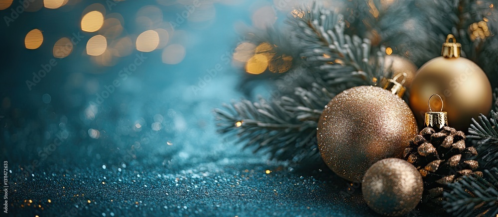 Aufkleber Elegant golden Christmas ornaments with pinecones on a shimmering teal backdrop creating a festive atmosphere with soft bokeh lights.