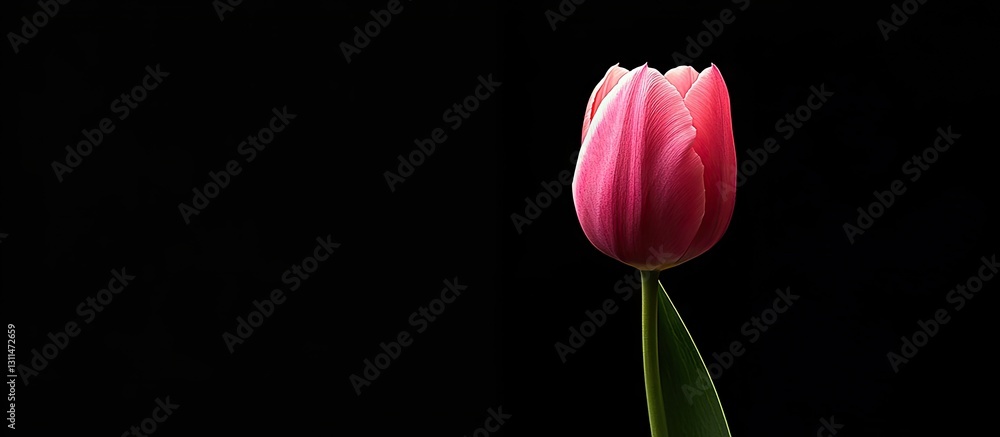 Poster Elegant pink tulip positioned on the left side with vibrant petals against a deep black background showcasing its delicate texture and color contrast.