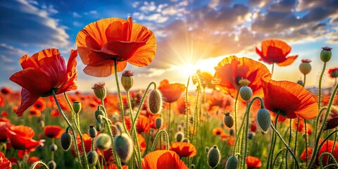 Fototapeta premium Vibrant red poppies explode in a breathtaking summer wildflower field.