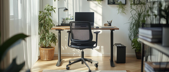 Stylish home office with standing desk, comfortable chair, and laptop, remote work setup, open copy space on side-1