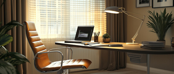Productive home office setup with laptop, desk lamp, and ergonomic chair, remote work in action, side copy space-3