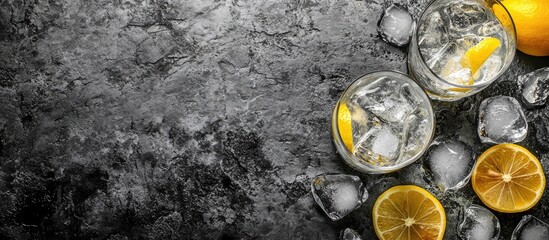 Refreshing gin and tonic and Tom Collins cocktails with lemon slices and ice cubes on a textured black stone table, top view with copyspace.
