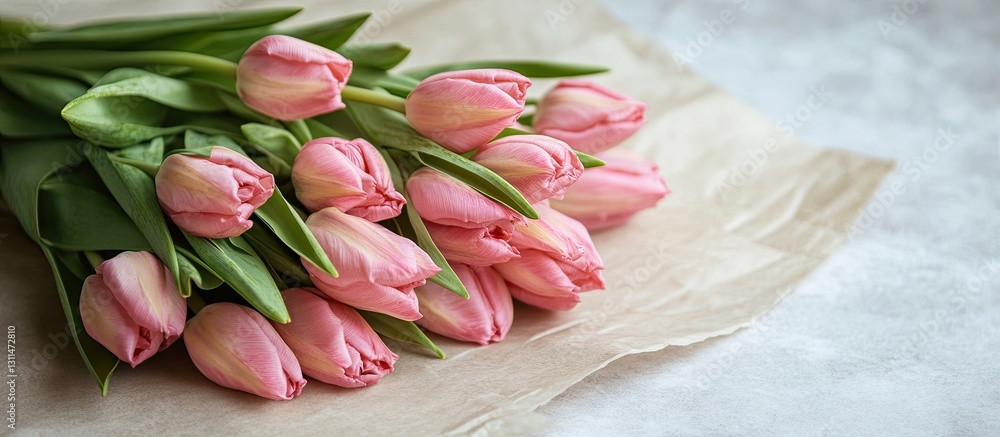 Poster Fresh pink tulips arranged elegantly on a soft beige Kraft paper surface with a blurred gray background creating a serene atmosphere