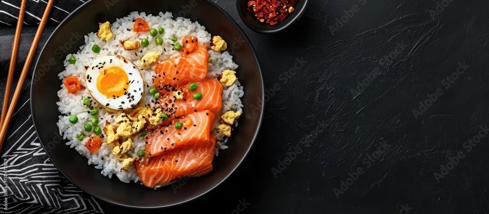Poster salted salmon slices on fluffy rice topped with a soft-boiled egg, peas, and scrambled eggs in a bla