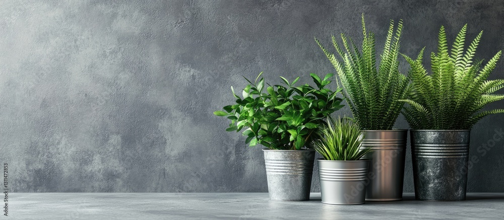 Poster vibrant green houseplants in metal cans arranged on a textured grey stone table with ample space for