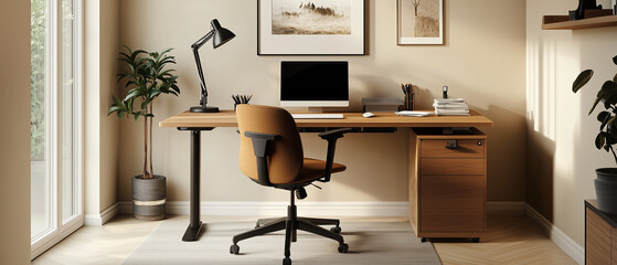 Stylish home office with standing desk, comfortable chair, and laptop, remote work setup, open copy space on side-2