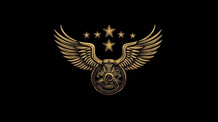 Obraz premium Gold wings emblem with mechanical gear, stars background. Possible use Design element, graphic for website, merchandise design, etc.