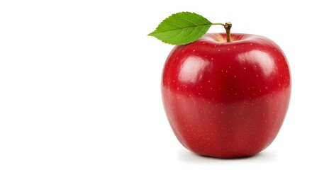 A fresh red apple with a green leaf isolated on a white background. Generative AI.