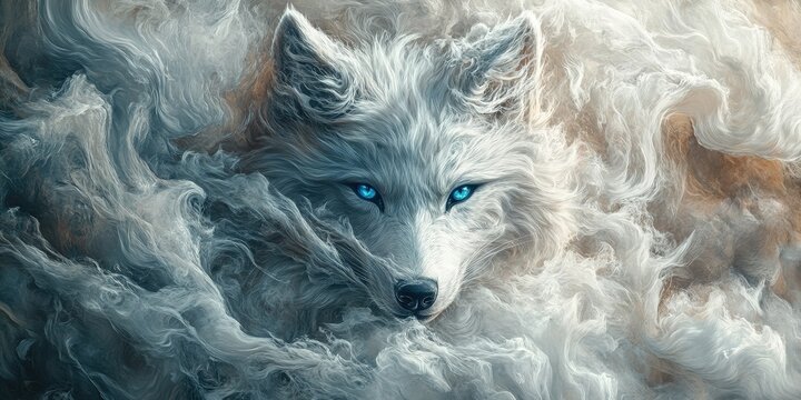 A mystical white wolf gazing intently with soulful blue eyes; its mixed-gray fur dances chaotically around, highlighting hints of deep brown