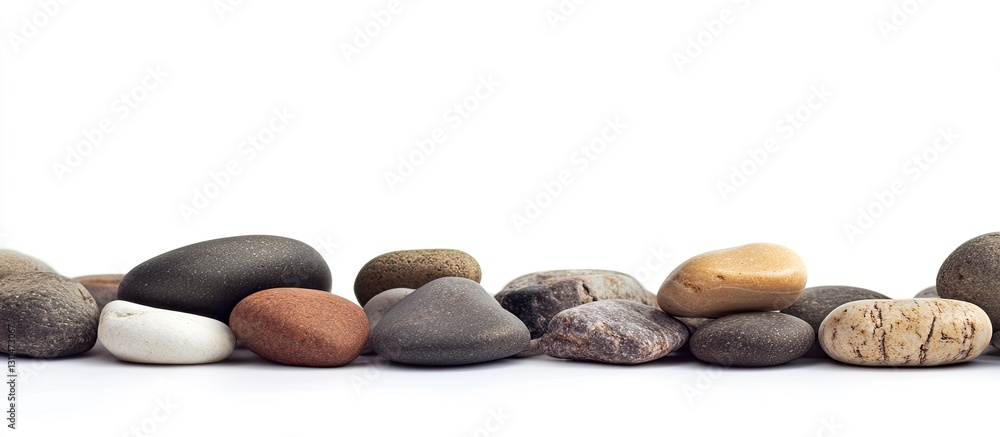 Poster a diverse assortment of smooth pebbles in varying earthy tones scattered on a clean white background