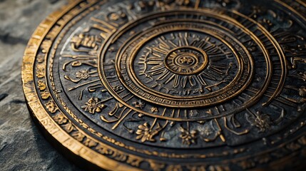 Naklejka premium Intricate Circular Metal Ornament with Gold and Bronze Texture