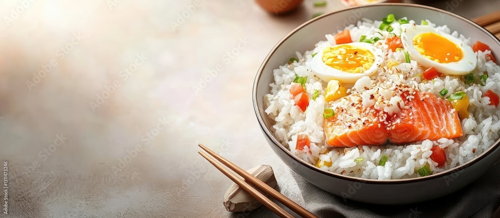 Poster delicious bowl of fried rice topped with salted salmon, halved eggs, and colorful vegetables on a li