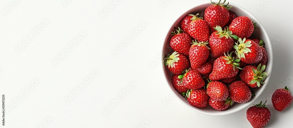 Poster fresh red strawberries in a white bowl positioned centrally on a bright white background with a few 