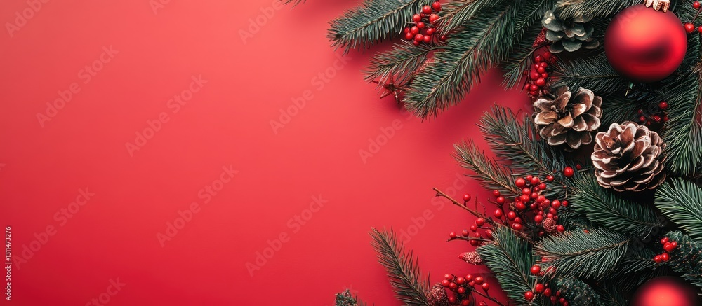 Aufkleber festive christmas arrangement featuring pine branches red ornaments and berries on a vibrant red bac