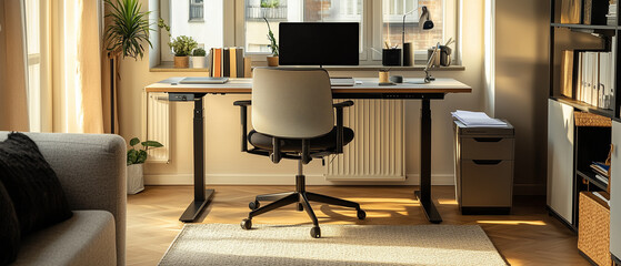 Stylish home office with standing desk, comfortable chair, and laptop, remote work setup, open copy space on side-5