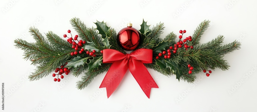 Poster christmas arrangement with red ribbon and spruce branches accented by holly and red berries on a whi