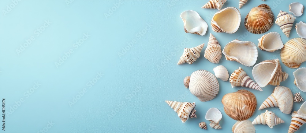 Aufkleber Elegant display of assorted seashells in various shapes on a soft blue background with ample copy space on the left side for design flexibility