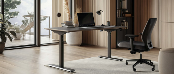 Stylish home office with standing desk, comfortable chair, and laptop, remote work setup, open copy space on side-8