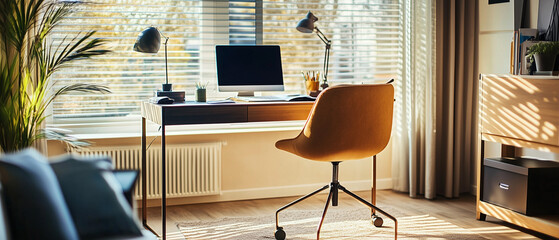 Cozy remote workspace with modern desk, ergonomic chair, and laptop, natural lighting, clean side copy space-1