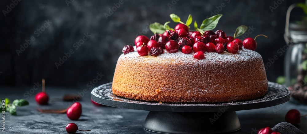 Poster delicious round cake topped with fresh red cranberries and green leaves on a dark textured backgroun
