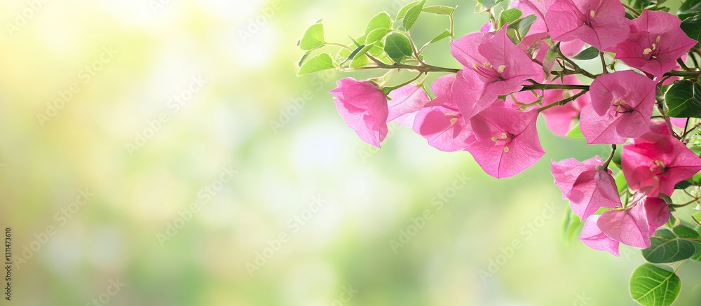 Poster vibrant pink bougainvillea flowers cascading from the left with soft blurred light green background 