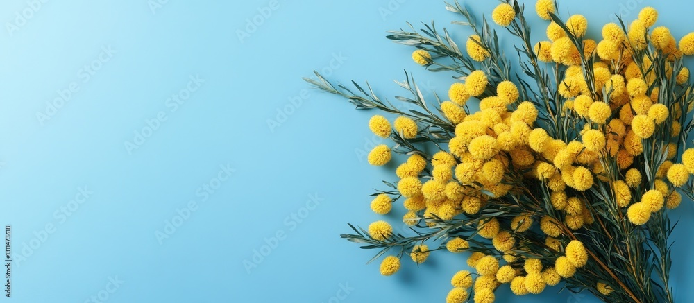 Poster vibrant bouquet of yellow mimosa flowers arranged on a soft blue background with ample copyspace for