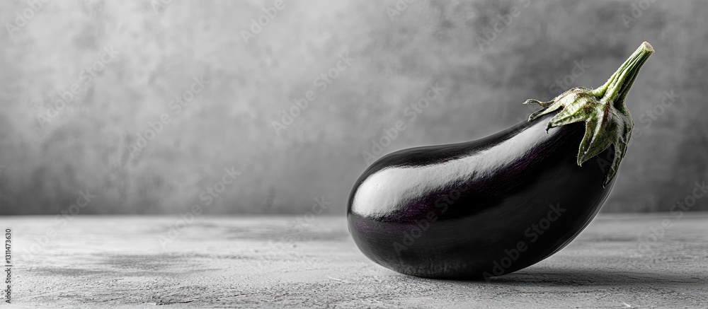 Poster Black eggplant positioned on a textured gray surface with soft lighting creating a dramatic monochrome effect ideal for text overlay.