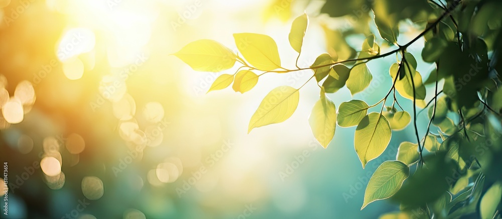 Fototapete vivid summer sunlight filtering through abstract blurred leaves in green and golden hues, creating a