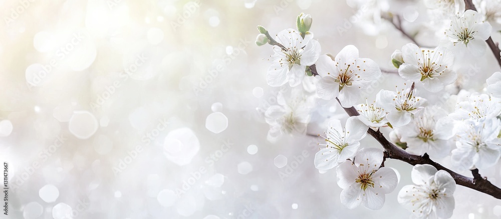 Aufkleber blooming plum tree branch with delicate white flowers on the left side against a soft gray blurred b