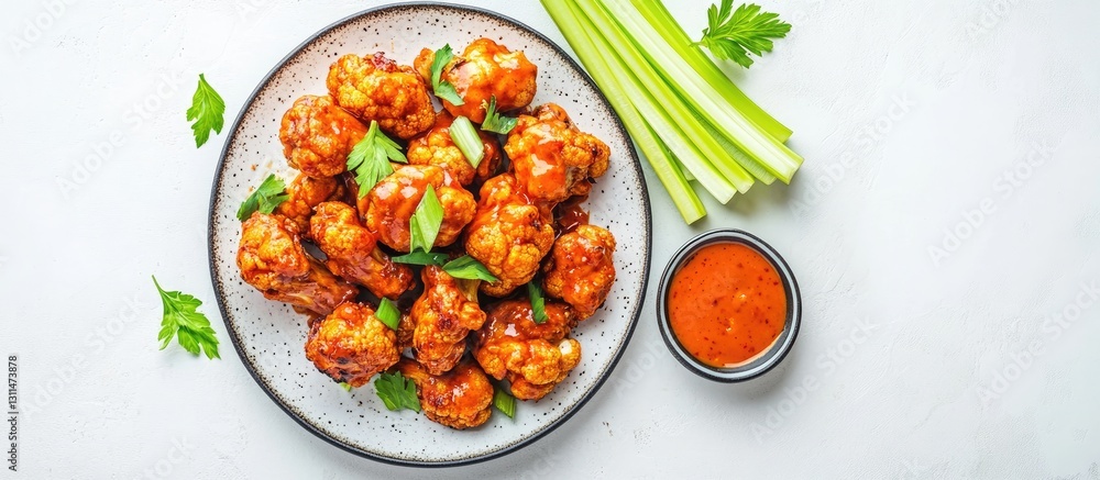 Poster buffalo cauliflower wings on a textured plate garnished with parsley surrounded by celery sticks and
