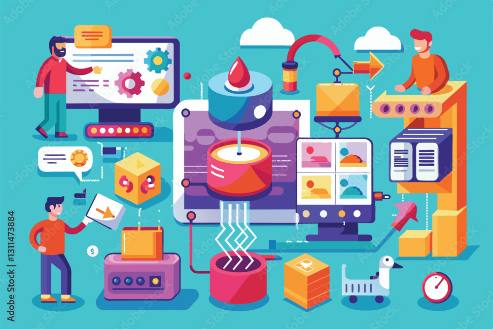 Poster a colorful workspace showcases a team engaging in the customizable prototyping process with various 