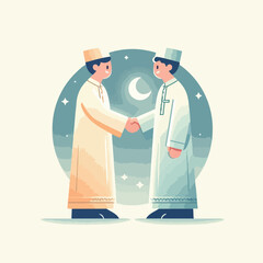 A minimalist flat design of two friends exchanging Eid greetings with a handshake, wearing traditional clothes, with soft shadows on a white background