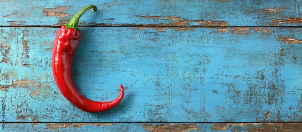 Poster hot red chili pepper placed diagonally on a weathered blue wooden table with visible texture and amp