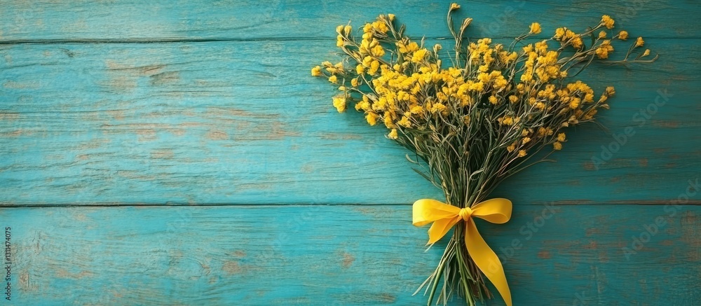 Poster vibrant yellow wildflower bouquet with a yellow ribbon resting on a plain teal wooden surface with a