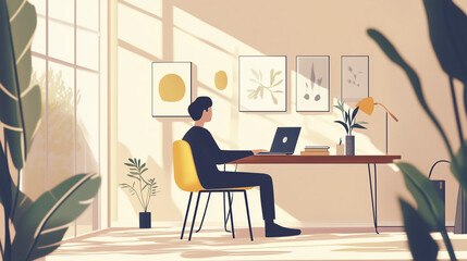 Home office with ergonomic chair, wooden desk, and laptop, person working remotely, bright natural light, side copy space-4