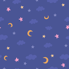 Naklejka premium night dreamy cute nursery seamless pattern with little stars, clouds and crescent moon, on dark background