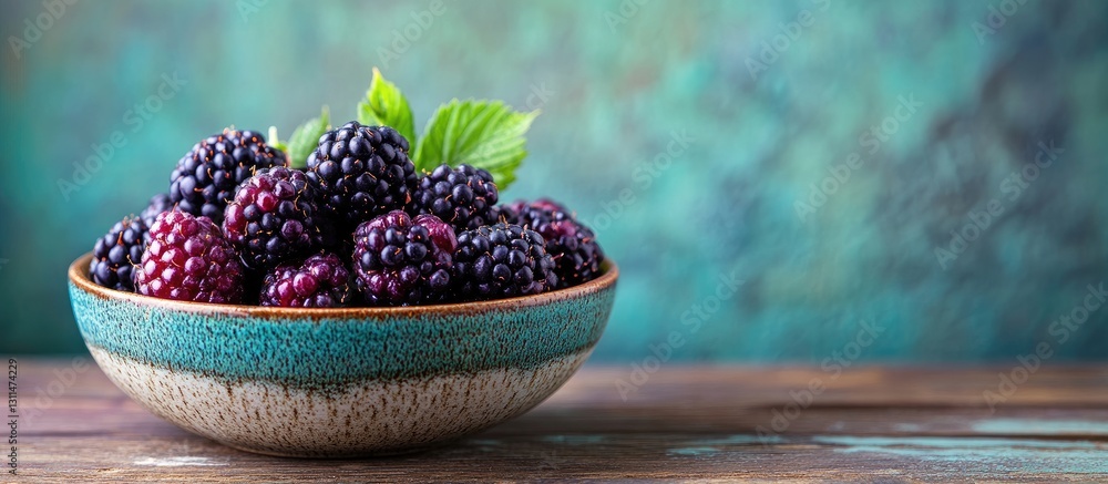 Poster bowl of fresh blackberries with green leaves placed on a textured wooden table against a vibrant tur