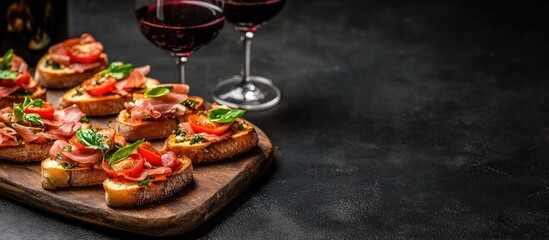 Bruschetta platter with prosciutto and tomato on a wooden board alongside red wine glasses set against a dark background top view with space for text