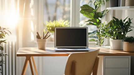 Minimal home office setup with laptop, wooden desk, and ergonomic chair, bright workspace, side copy space-7