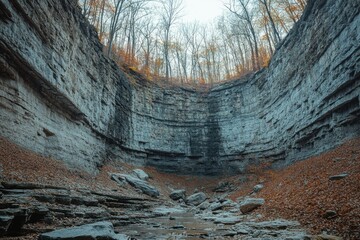 Stunning autumn limestone gorge with rocky terrain and bare trees